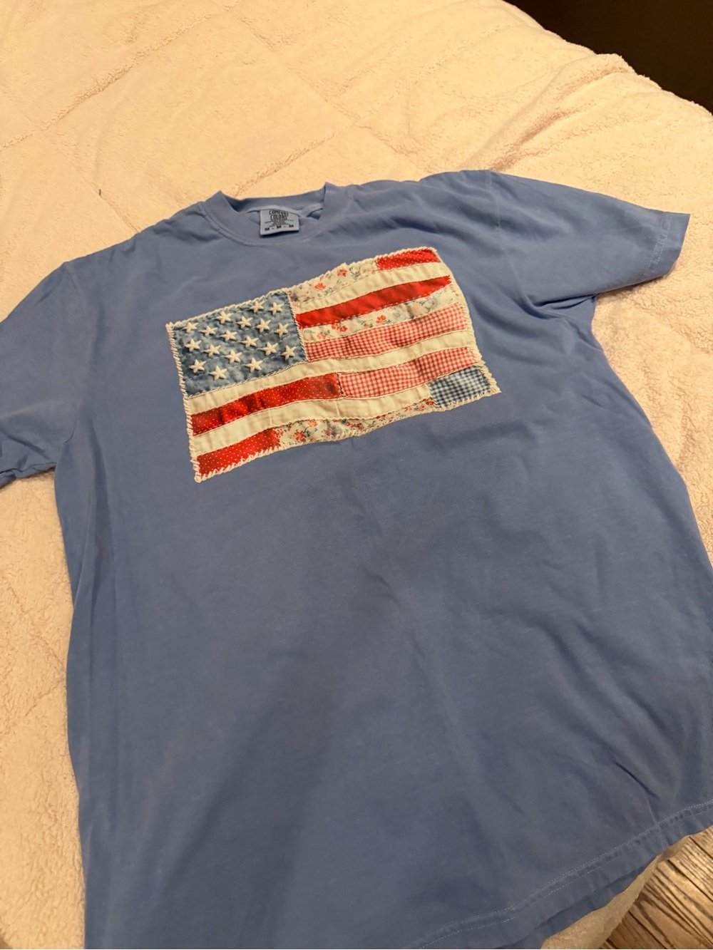 Light Blue Short-Sleeve Tee with Patchwork Flag Graphic
